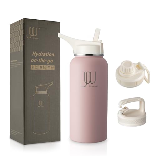JW Joware 32 oz Insulated Water Bottle with Straw, Stainless Steel Sports Water Bottle with 3 Lids, Leak Proof Water Bottle for Men, Women & Kids, Charming Pink