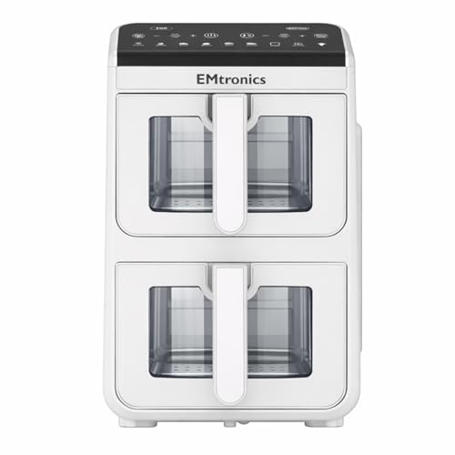 EMtronics 10L Stack Air Fryer with Windows and Dual Zone 2460W Family Size 8 Preset Cooking Mode Match Cook & Smart Finish Functions 10 Litre - White