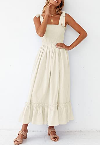 Zesica Women's 2023 Summer Boho Spaghetti Strap Square Neck Solid Color Ruffle A Line Beach Long Maxi Dress,Apricot,Medium #TOP6