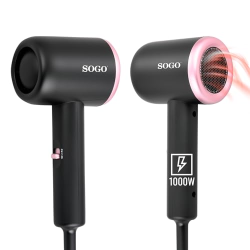 SOGO Asciugacapelli compatto da 1000 W leggero e portatile - Asciugacapelli da viaggio per capelli veloce e senza sforzo - Mini asciugacapelli professionale a 2 velocità per uso quotidiano - Cavo