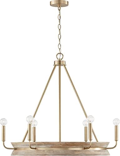 Capital Lighting 447361WS Finn Modern Farmhouse Handcrafted Mango Wood Round Chandelier, 6-Light 360 Total Watts, 27" H x 31" W, White Wash and Matte Brass
