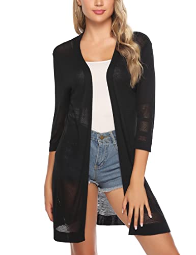 Sykooria Gilet Femme en Coton Long Tricoté Veste Casual à Manches Longue Cardigan Respirant Élégant,XXL,Noir (Manches Ajourées)