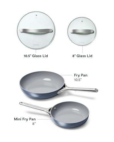 Caraway Ceramic Nonstick Fry Pan Set with Glass Lids – Includes Two 10.5” Fry Pans, One 8” Fry Pan, & Three Lids - Non Toxic, PTFE & PFOA Free - Oven Safe & Compatible with All Stovetops - Navy