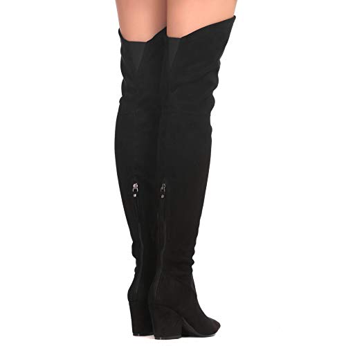 Shoe'n Tale Women Stretch Suede Chunky Heel Thigh High Over The Knee Boots(7,Black-Back Zip) #TOP3