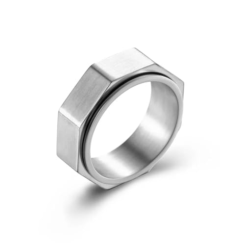 Hasdnker Bagues Bague Bijoux Femme Hommes Relieving Anxiety Ring for Men Octagon Spinner Nut Shape Ring Stress Relief Wedding Band Ring 7 Silver