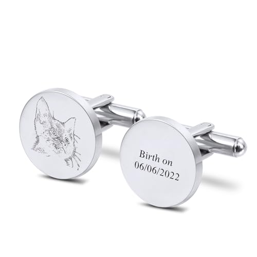 INBLUE Personalizado Gemelos para Los Hombres Grabado Iniciales Fecha Retrato Personalizado Acero Inoxidable Regalo para Novio Marido Papá (A1: Plata)