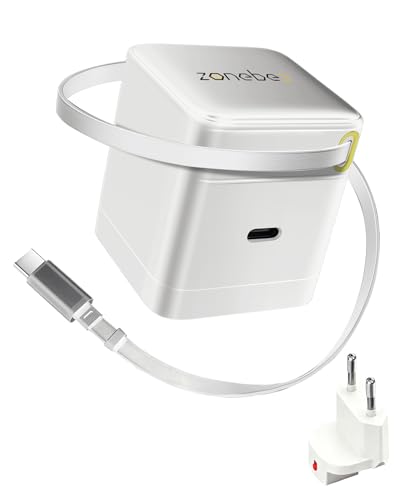 Zonebee GaN - Cargador (35 W, cable retráctil, doble USB-C y enchufe reemplazable), compatible con MacBook Air, iPad Pro/Air, iPhone 17/16/15, Samsung Galaxy, Google Pixel (blanco)