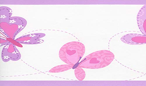 Dundee Deco BD6024 Frise de Papier Peint, Frise Murale, Bordure de papier peint précollé pour enfants Rose violet, beige Motif papillons (4,57 m x 17,78 cm)
