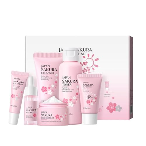 Hocossy Juego de cuidado facial diario para niñas adolescentes, juego de cuidado facial antiedad, Sakura Gentle Skin Cleansing & Care Women Gift Set para todos los tipos de piel (sakura, 6 unidades)