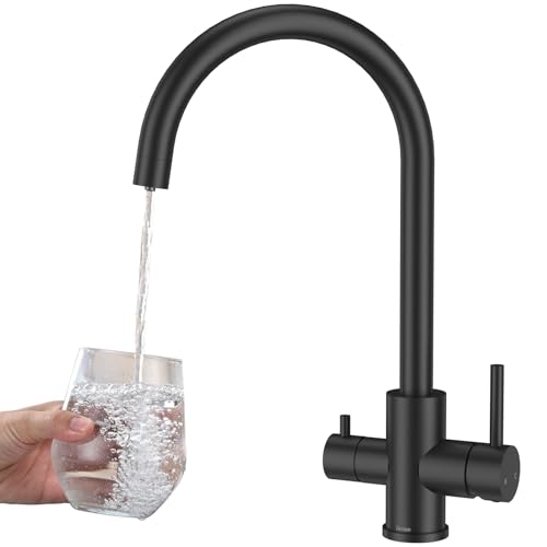 DETBOM Grifo para Fregadero de Cocina de 3 Vías, Mezclador de Cocina para Sistemas Ósmosis, 3 en 1 Doble Palanca, Agua Potable, Fría y Caliente, Mezclador de Fregadero Giratorio 360° (Negro)