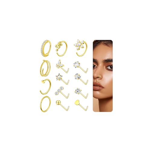 Bautidots 14pcs Nose Studs 20G 18G Nose Rings Stainless Steel Nose Hoop CZ L S Shaped Nose Piercing Nostril Piercing Jewelry for Women Men Silver Gold