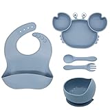 Baby Teller Kindergeschirr Sets, 5 Stücke Silikon Baby Geschirrset Mit Saugnapf Rutschfest Babyteller Schüssel mit Lätzchen Löffel Gabel Abwaschbar BPA Freie Babygeschirr für Baby