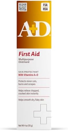 A+D First Aid Multipurpose Healing Ointment - Moisturizing Skin Protectant for Dry Cracked Heels, Elbows, Hands and Lips - Protects Minor Cuts, Burns, & Scrapes – 4 oz Tube