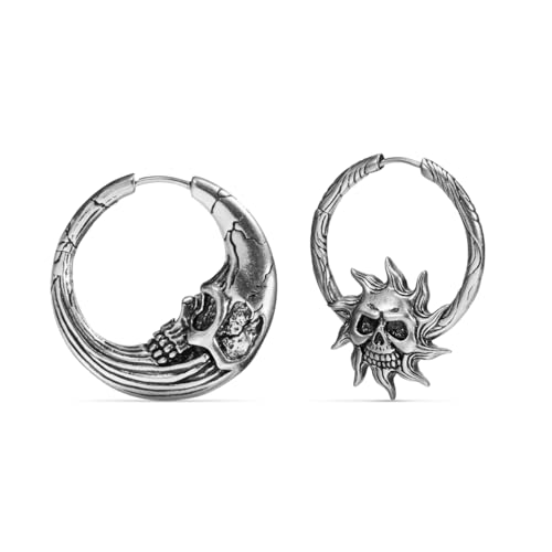 PUNKYOUTH Gothic Punk Skull Hoop Earrings 18G 1mm Piercing Jewelry Vintage Cool Biker Rock Skeleton Bone Mismatched Sun Moon Huggie Dangle For Women Men Statement Daily Wear Gift Accessories