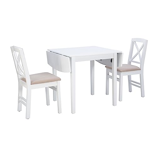 Torino Three Piece Drop Leaf Dining Set in White with Beige Upholstered Seats by Linon