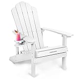 EMBRANGE Adirondack Chair with Cup Holder, Fire Pit Chair with Wood Texture. All-Weather Poly Lumber Patio Outdoor Chairs for Garden&Pool&Home 34.5L 28W 36.8H (White)