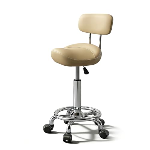 Image of Saddle Stool with Back and Ring Pedal, Adjustable Hydraulic Rolling Chair with Wheels for Salon, Spa, Medical, Massage & Drafting Use Khaki