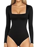 MANGOPOP Women's Square Neck Long Sleeve Bodysuit Sexy Body Suits Shirt Slim Fitted Tops A Black Small