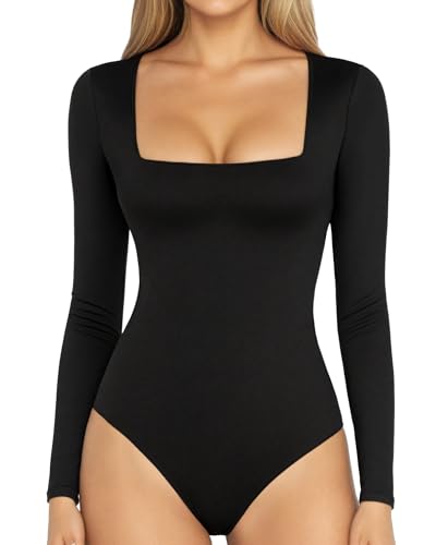 MANGOPOP Women's Square Neck Long Sleeve Bodysuit Sexy Body Suits Shirt Slim Fitted Tops A Black Large