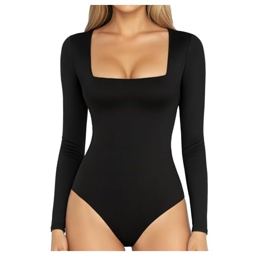 MANGOPOP Women's Square Neck Short Sleeve Long Sleeve Tops Bodysuit Jumpsuit (B Long Sleeve Black, Large)