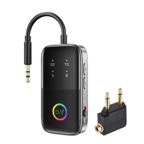 Transmissor recetor Bluetooth para TV/Avião, suporta 2 auriculares com AptX adaptativo/baixa atenção, 3,5 mm Aux adaptador de áudio sem fios para estéreo/voo/carro/altifalantes/ginásio, plug & play