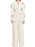 platlogy Women's Beaded Rhinestone Blazer Pants Suits Diamond Crystal Slim Fit Handmade Pants Sets Two Pieces Sets Outfits White