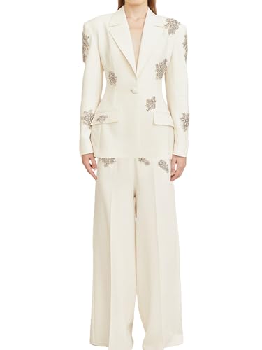 Women's Diamond Suit Coat Beaded Wide Leg Pants and Blazers Set Formal Occasion Office Lady Two Pieces Suits