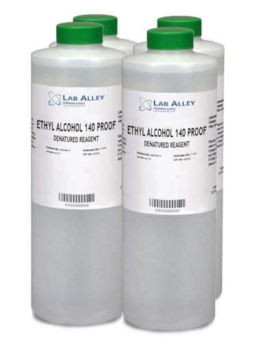 Lab Alley Denatured Ethanol 140 Proof, Kosher Certified, Halal, GMO Free, Great for Cleaning - 4 Liters (Pack of 4 x 1 Liter Bottles)