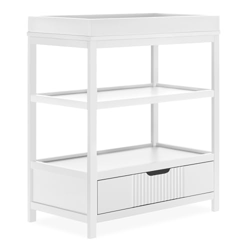 Image of Dream On Me Ivy Baby Changing Table - Compact Modern Changing Station with Spacious Drawer & 2 Open Shelves, New Zealand Pinewood, Easy-to-Clean Non-Toxic Finish, Space-Saving Nursery Storage - White