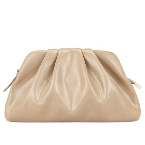 Milisente Cloud Clutch Bag for Women PU Leather Pleated Dumpling Evening Bag Purse with Shoulder Strap(Dark Beige)