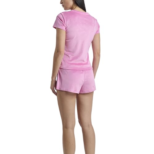 Image of Juicy Couture Women's 2 Piece Velvet Fleece Short Sleeve Shirt and Pajama Shorts Lounge Sleepwear Set