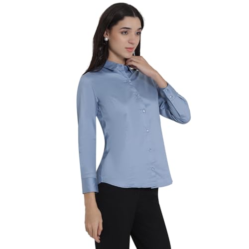 Image of Women's Cotton Solid Long Sleeve Shirt - Formal & Casual Button-Down Long Sleeve Collared Top for Office, Workwear 100% Soft Breathable Cotton Fabric