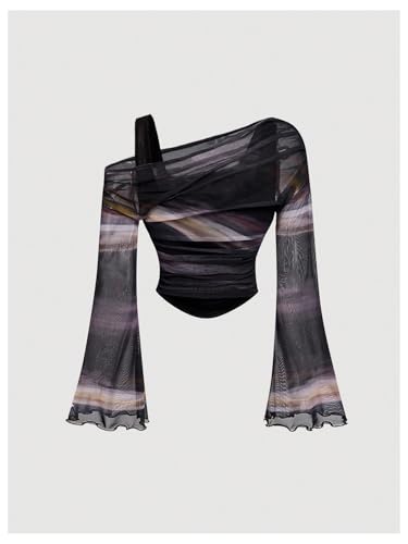 Verdusa Women's Y2k Off The Shoulder Tops Mesh Long Sleeve Crop Tops 2000s Clothing2