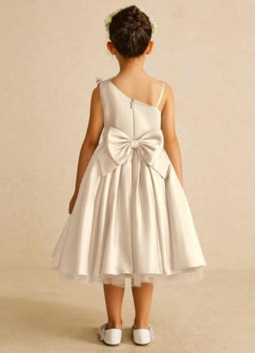 A-Line One Shoulder Spaghetti Strap Satin Flower Girl Dress Tea-Length Tulle Junior Bridesmaid Dress with Bows3