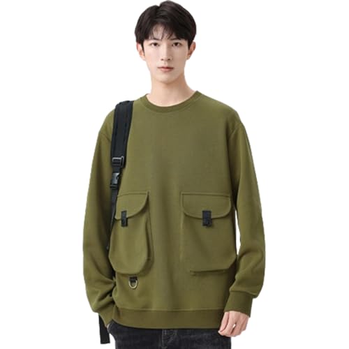 [HOTIAN] トレーナー メンズ スウェット 丸首 プルオーバー ポケット付き 大きいサイズ 春 秋 冬 トップス ゆったり パーカー お出かけ カジュアル 春秋服 Y63（グリーン・M）