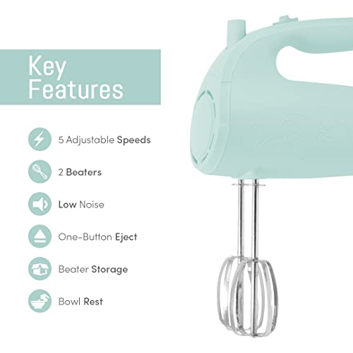 Elite Gourmet EHM003M Batteur à main électrique 5 vitesses, très puissant, avec 2 grands fouets en acier inoxydable, pour préparations lisses et onctueuses, rangement pratique, bleu menthe – Image 4