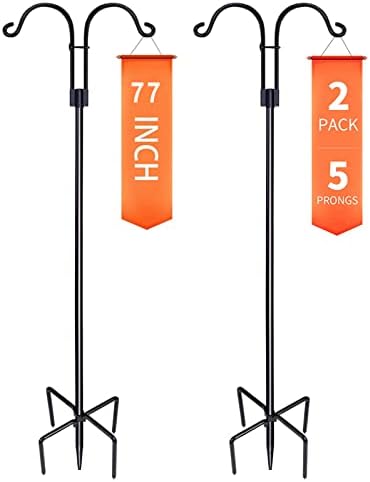Double Shepherds Hooks for Outdoor, 2-Pack Heavy Duty Two Sided Garden Pole for Hanging Bird Feeder, Plant Baskets, Solar Light Lanterns, Garden Plant Hanger Stands with 5 Base Prongs （77 inch）