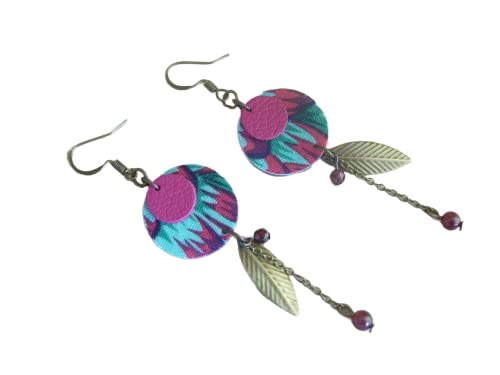 Boucles d'Oreilles Originales Rose Fushia Bordeaux Pourpre Vert Cuir Perles naturelles Grenat Métal Bronze Création Française Cadeau original