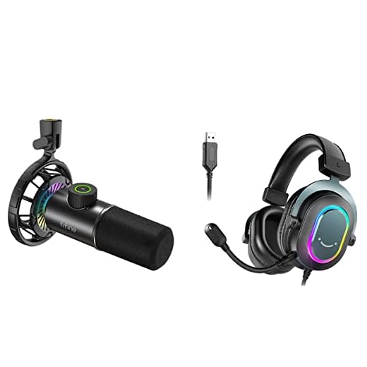 FIFINE USB Dynamic Microphone and Gaming Headset, RGB Cardioid Gaming Computer Mic with Headphone Jack, Wired Headphones with 7.1 Surround Sound for Streaming Podcast Twitch YouTube Discord （K658+H6）