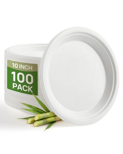 Goodluck 10 Inch White Compostable Sugarcane Paper Plates 100 Pack