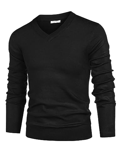 COOFANDY Pullover Herren V Ausschnitt Strickpullover Herrenpullover Langarm Regular Fit Feinstrick Pulli Casual Business Winterpullover Sweater Einfarbig Schwarz L