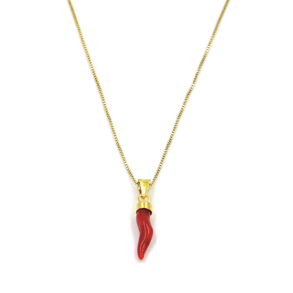 Collana con Cornetto Portafortuna in Corallo Rosso del Mediterraneo e Argento 925 Placcato Oro
