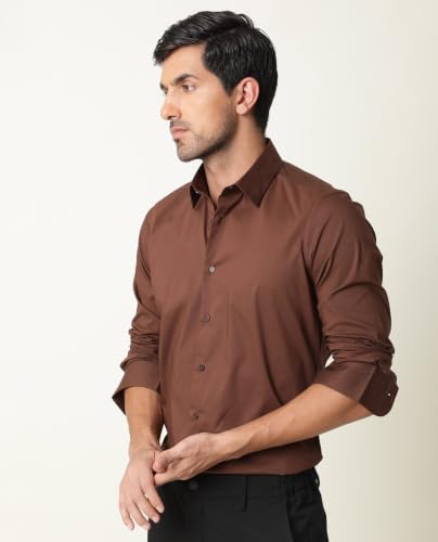 Rare Rabbit Men Regular Fit Solid Brown Cotton Button-Down Long Sleeve Shirt | - Image 5