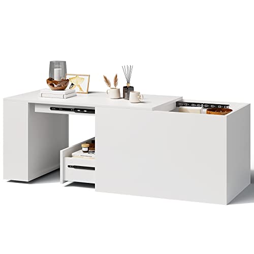 Coffee Table With Storage,Pull Out Sliding Top Coffee Table,Modern Coffee Table Hidden Compartment And Open Storage Shelf For Living Room,White #TOP7