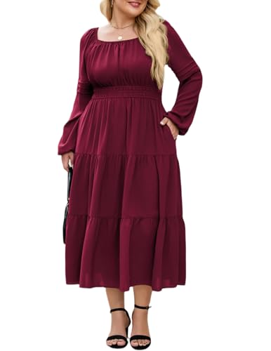 Image of Hanna Nikole Square Neck Maxi Dress,Plus Size Wedding Guest Dress,Christmas Dresses for Women Wine 20 Plus