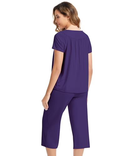 Image of NACHILA Pajamas for Women-Viscose Made from Bamboo, Short Sleeve Sleepwear Soft Capri Pants Pajama Set Pleated Loungewear