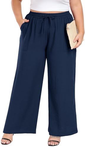 Lastshe Plus Size High Waisted Wide Leg Pants for Women Comfy Long Pull On Pants Loose Palazzo Trousers Plus Size Navy Blue Linen Pants,Navy Blue,3X