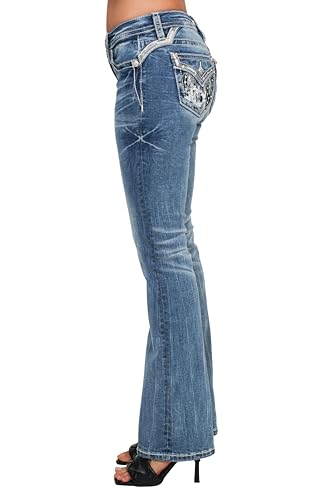 Miss Me Women's Mid-Rise Downturned Wing Faux Flap Pockets Bootcut Jeans3