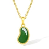 ZHOU LIU FU Colgante de oro de 24 quilates, colgante de jade con frijoles pequeños, piedra verde curativa, buena suerte, joyería de oro Fengshui para mujeres, mamá, aniversario, cumpleaños, regalos no