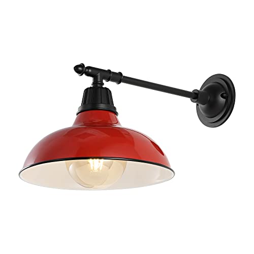 Image of JONATHAN Y Wallace 1-Light Outdoor 12.25 inch Wall Sconce, Red /Black | Industrial Farmhouse Metal Gooseneck Barn Light, Victorian Arm, Wet Rated, Bowl Shade, LED Bulb Included, Vintage Porch Lamp